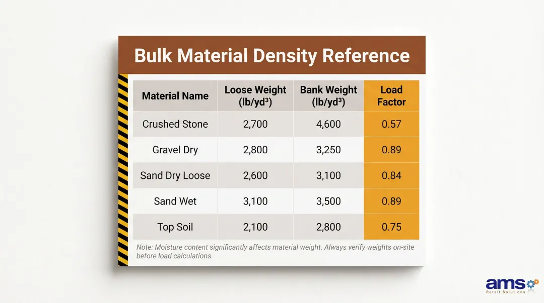 Bulk landscape material weight comparison table loose versus bank cubic yard load factors