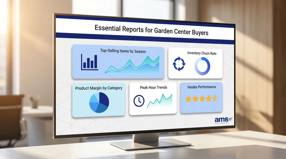Garden center seasonal sales reporting dashboard showing top SKUs velocity and vendor performance metrics