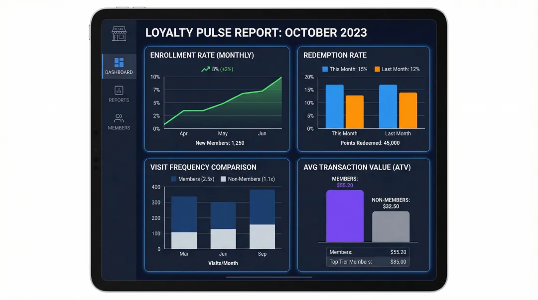 POS loyalty program dashboard displaying enrollment redemption and transaction metrics