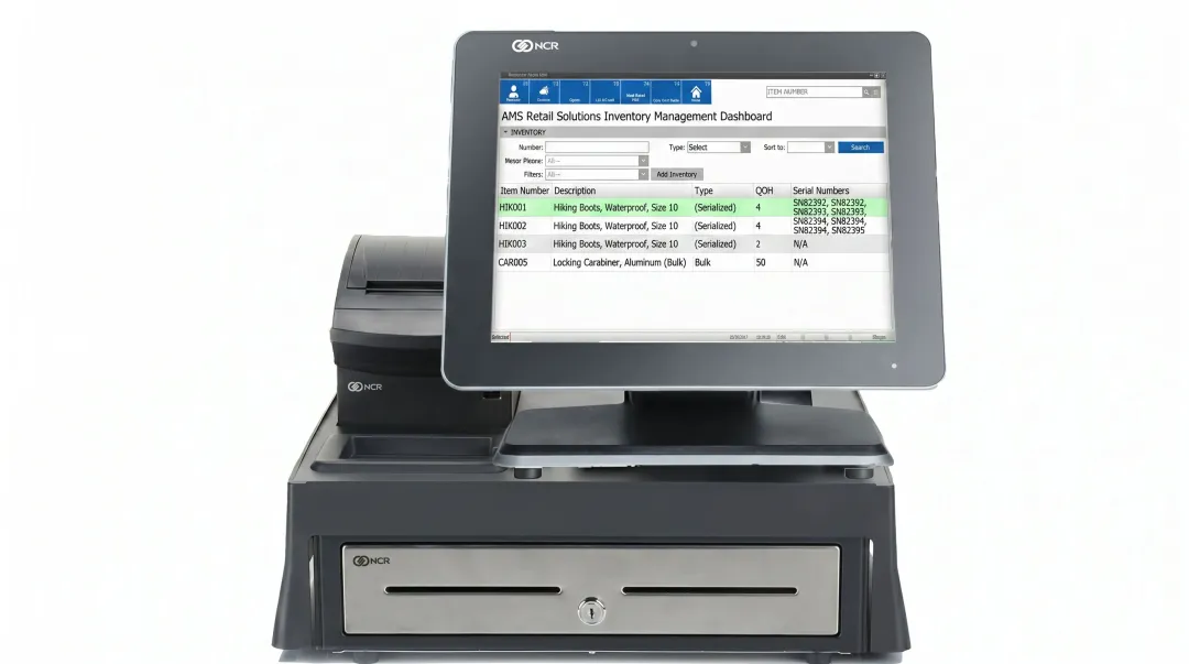 AMS Retail Solutions NCR Counterpoint POS interface displaying hunting store inventory dashboard