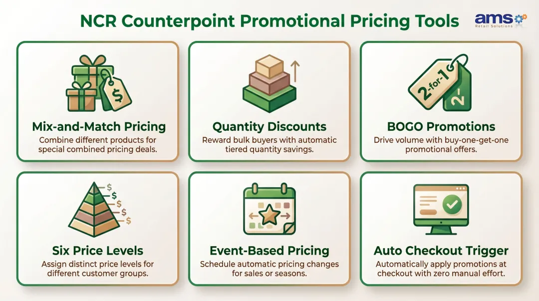 Six automated promotional pricing types for garden center seasonal sales infographic