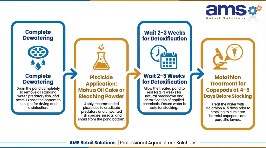 Pre-stocking predator eradication four-step process flow for nursery ponds