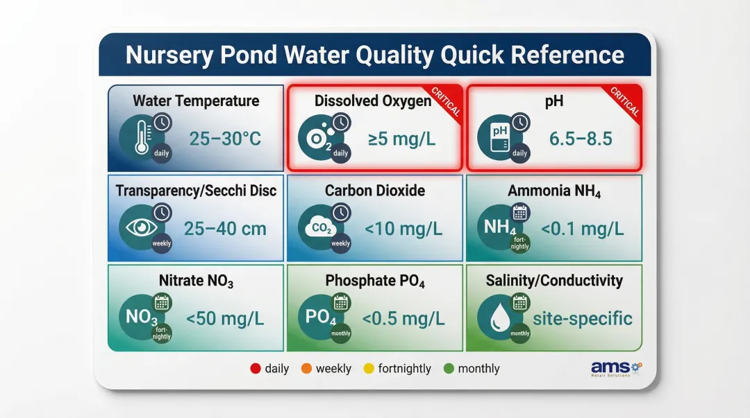 Nursery pond water quality parameters optimal ranges and monitoring frequency table