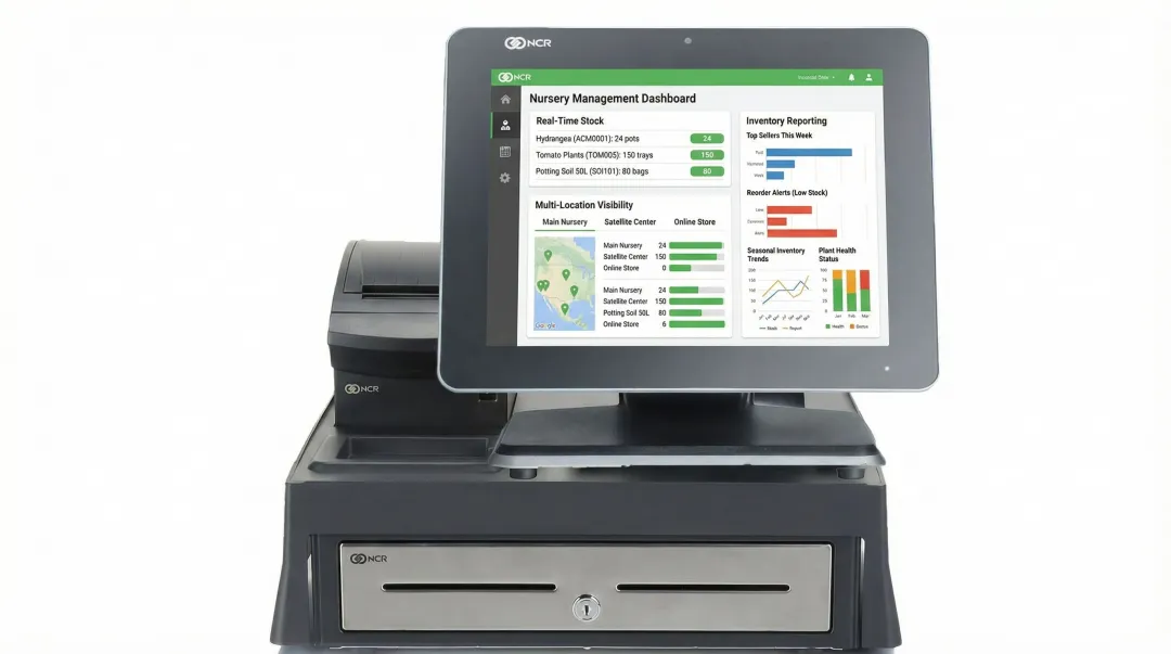 Nursery POS inventory management dashboard displaying real-time stock levels and shrink reporting