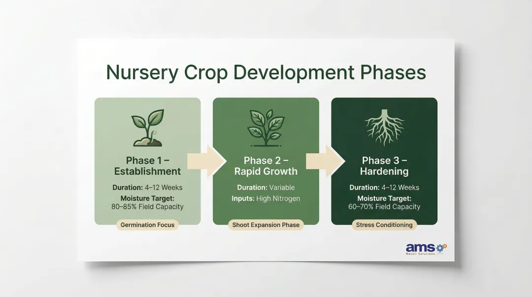 Three-phase nursery crop growth cycle from establishment to hardening process flow
