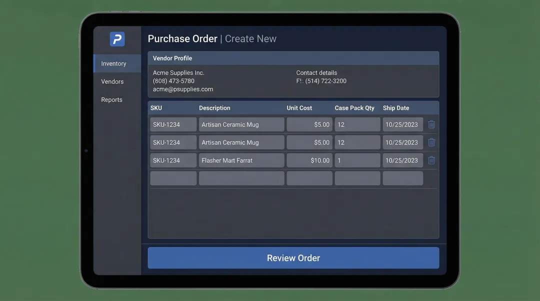 Retail POS purchase order screen showing vendor profile and order details