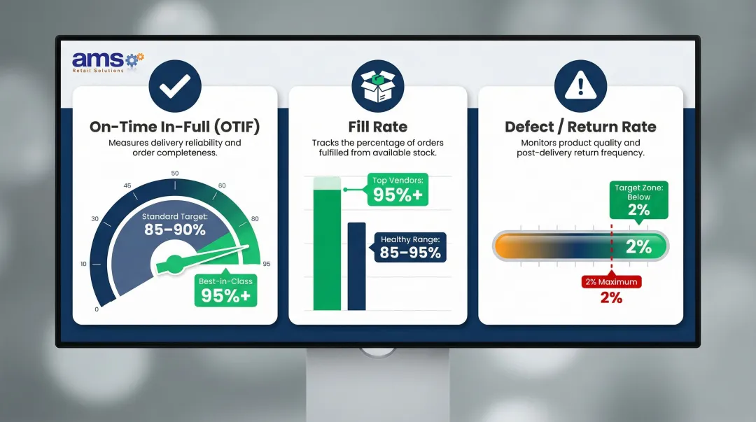 Three vendor KPI benchmarks OTIF fill rate and defect rate performance targets