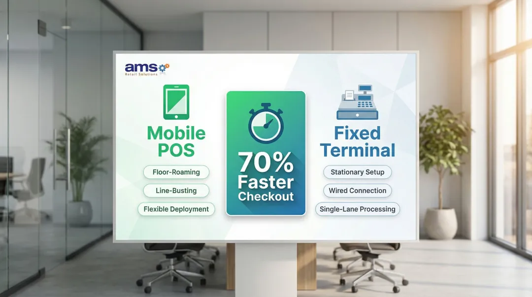 Mobile POS versus fixed terminal checkout speed comparison showing 70 percent faster results