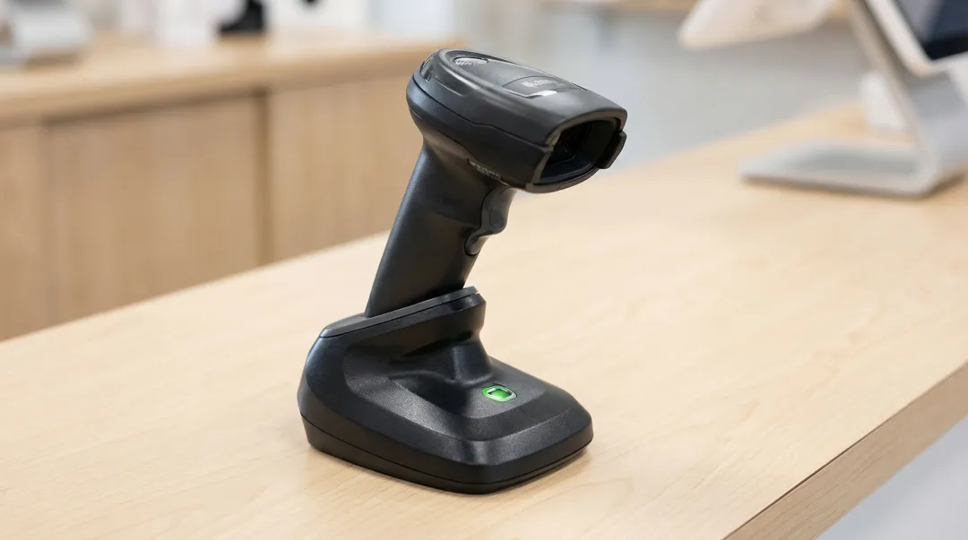 Zebra DS2278 Bluetooth barcode scanner paired with retail POS terminal on counter