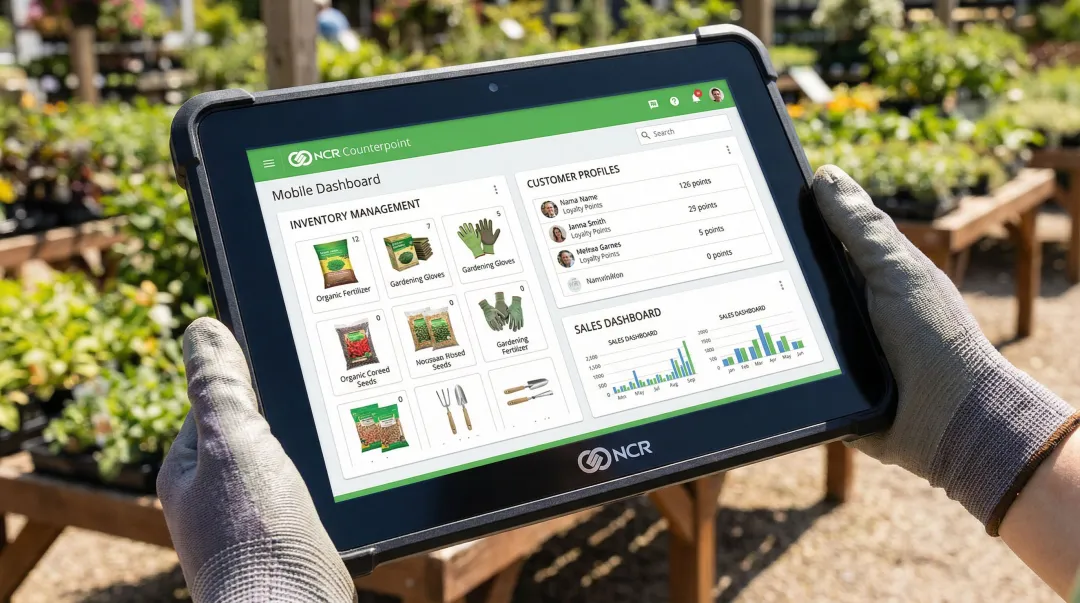 NCR Counterpoint mobile POS interface showing specialty retail inventory and customer management