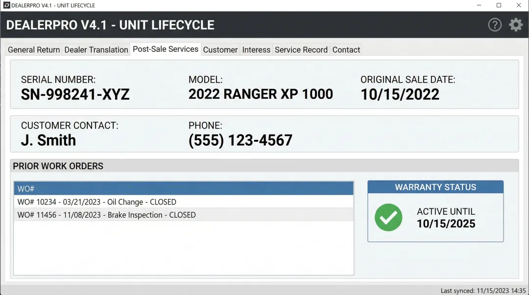 POS service history screen displaying serialized unit warranty and repair records