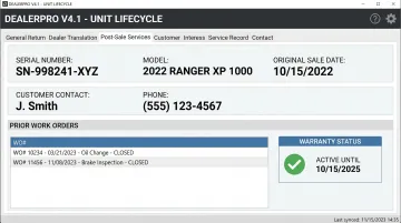 POS service history screen displaying serialized unit warranty and repair records