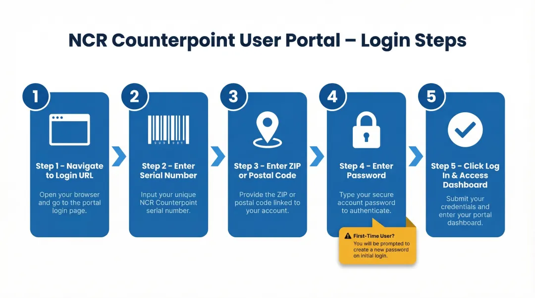 5-step NCR Counterpoint User Portal login process flow diagram