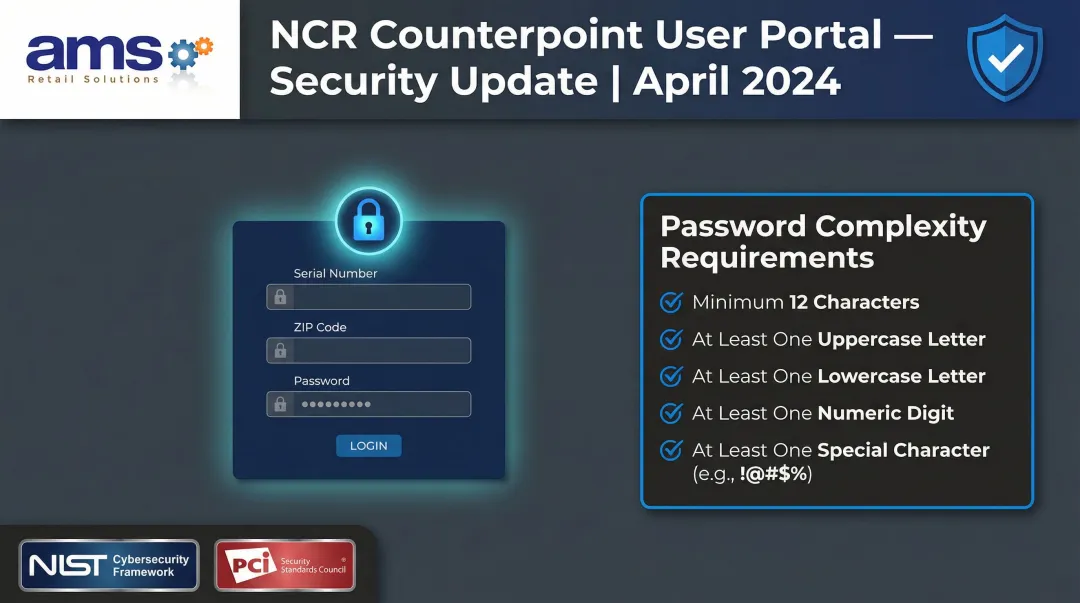 NCR Counterpoint User Portal April 2024 password security requirements infographic