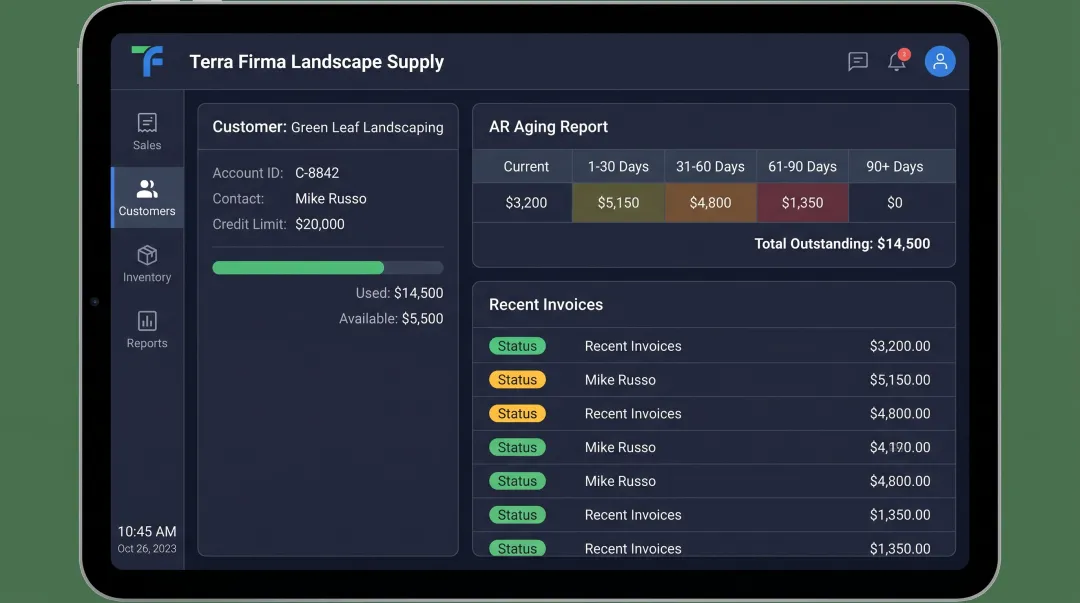 Landscape supply POS system dashboard displaying contractor charge accounts and AR aging report