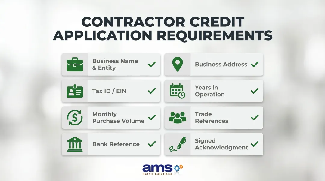 Contractor credit application checklist with eight required fields for landscape supply