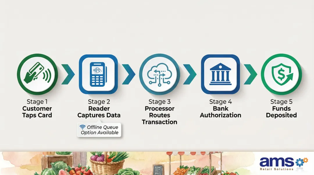Farmers market credit card transaction process flow from card tap to bank deposit