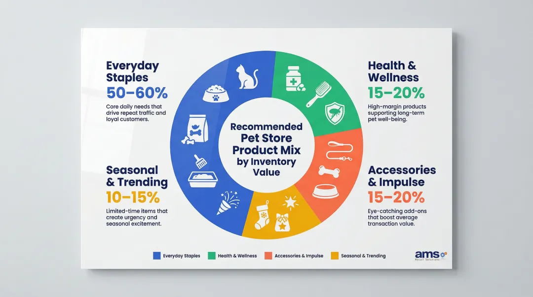 Four-pillar pet store product mix allocation by inventory value percentage breakdown