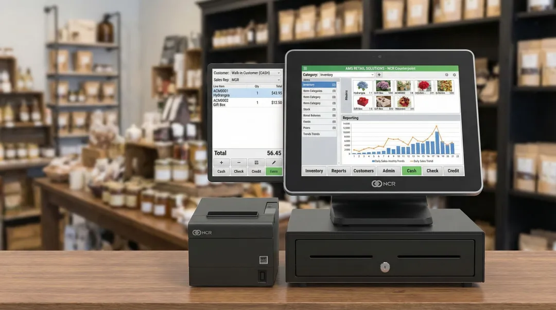 AMS Retail Solutions NCR Counterpoint POS system interface for specialty retailers