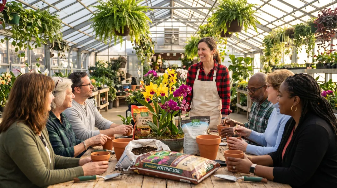 Garden center workshop participants engaged in hands-on planting class indoors