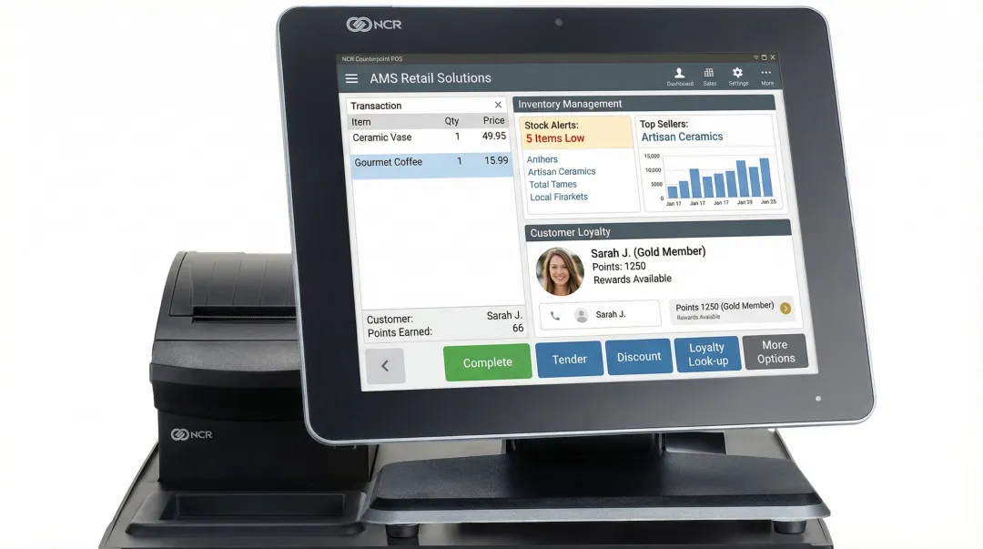 NCR Counterpoint POS interface displaying specialty retail inventory and loyalty tools