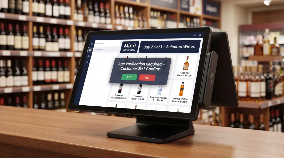 Liquor store POS system checkout screen displaying beverage SKU catalog and promotions