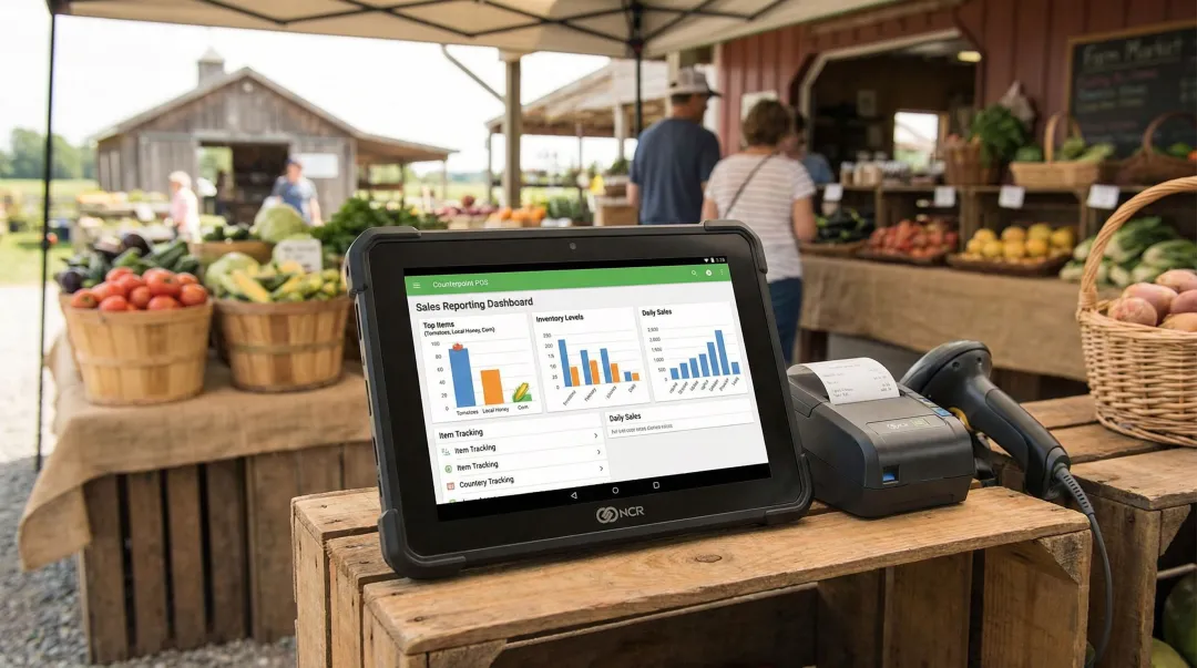 NCR Counterpoint POS system mobile interface displaying farm market sales reporting dashboard