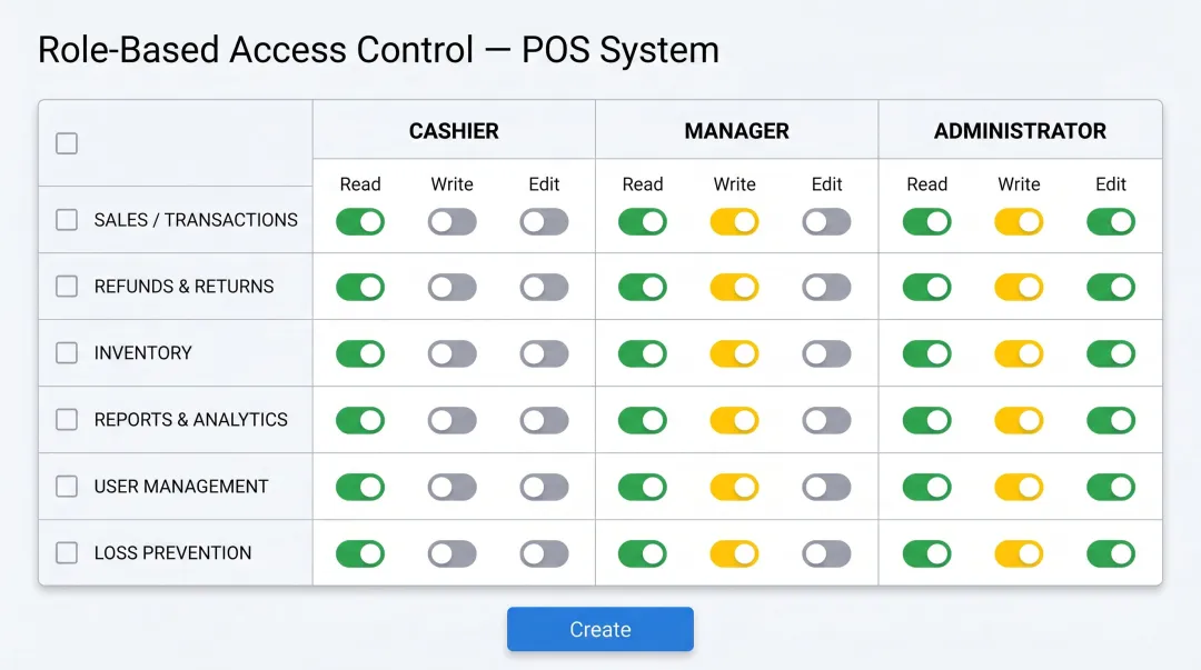 Role-based POS access control permissions screen showing employee restriction settings