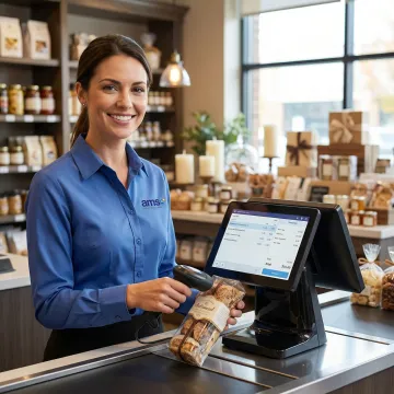 Retail point of sale system with barcode scanner at a specialty store checkout counter