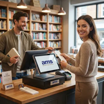 Bookstore POS system in use at a checkout counter with bookshelves in background