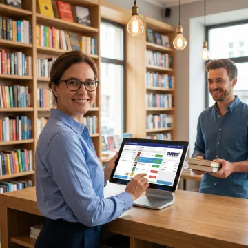 Bookstore owner using POS software to manage inventory and assist customer