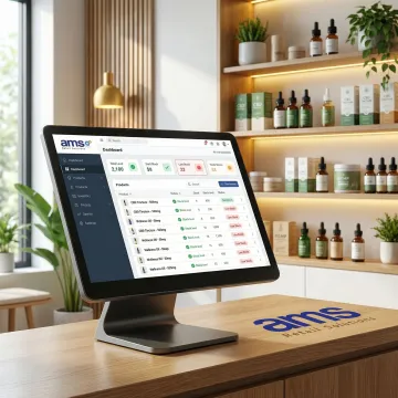 CBD retail POS software displayed on a touchscreen terminal in a wellness store