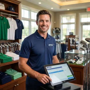 Golf pro shop staff using a POS system at the checkout counter