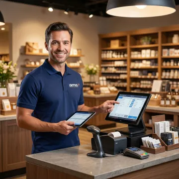 Technician troubleshooting a Counterpoint POS system at a retail store counter