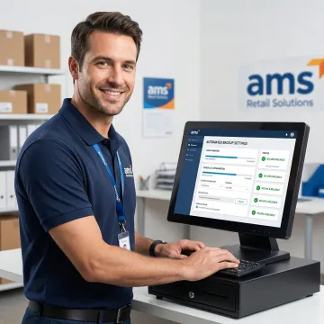 IT technician setting up data backup configuration on a retail POS system