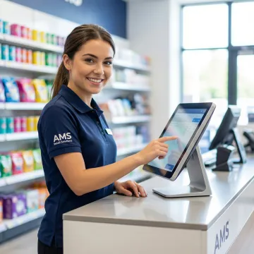 Retailer using a customizable POS software system at checkout counter