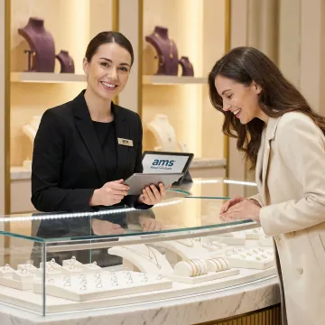 Jewelry retailer using POS software to manage inventory and assist a customer