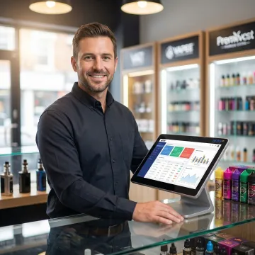 Tobacco retail store owner reviewing sales data on a POS system