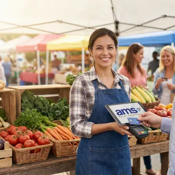 Farm market vendor using a tablet POS to accept card payment from a customer