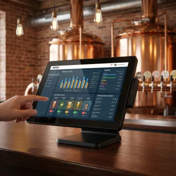 POS system dashboard displaying bar sales analytics and inventory data on a touchscreen
