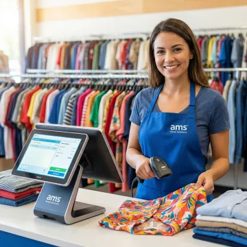 Thrift store POS system in use at a busy resale shop checkout counter