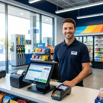 Gas station POS system managing fuel pump and convenience store transactions