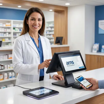 Pharmacist using a modern POS system with electronic signature pad at the dispensary counter
