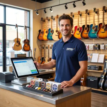Music store retailer using a modern POS system at checkout counter