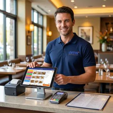 Restaurant technician configuring a mobile POS system on a tablet in a dining room