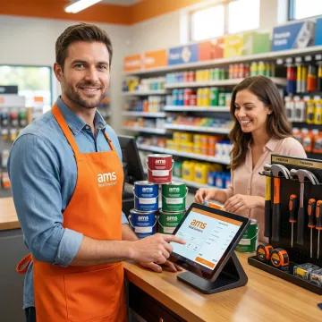 Hardware store employee using POS software to assist a customer at checkout