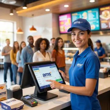 Quick service restaurant POS system in use at a busy counter