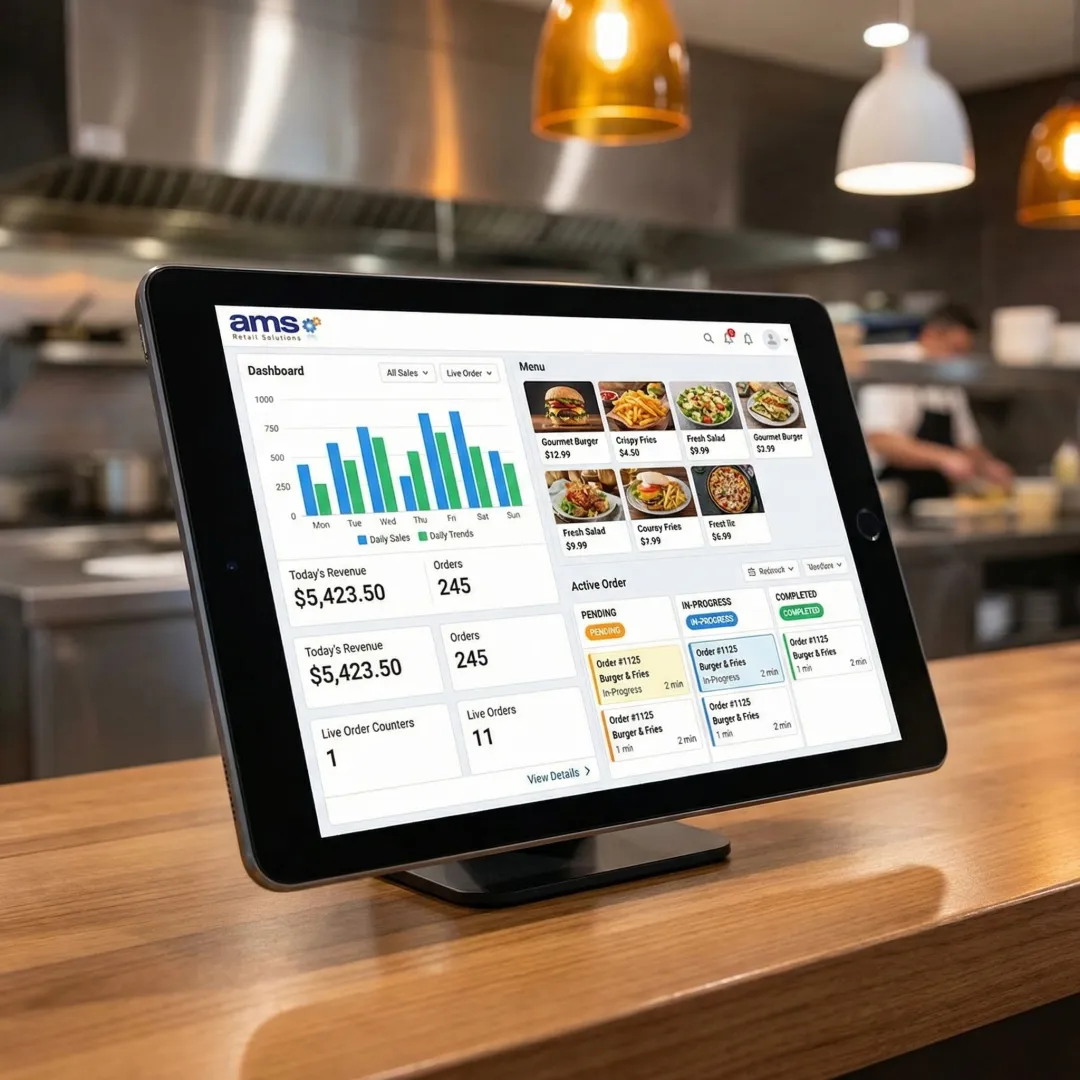 QSR POS software dashboard showing sales analytics and order data