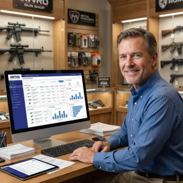 Firearms retailer reviewing inventory reports on a POS software dashboard