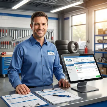 Auto shop technician using a POS system at the service counter